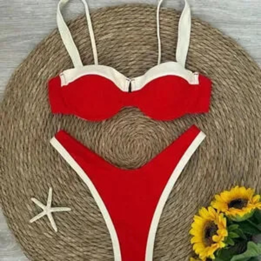 ZARA Red Sexy Women's Color Blocking Bikini Swimsuit